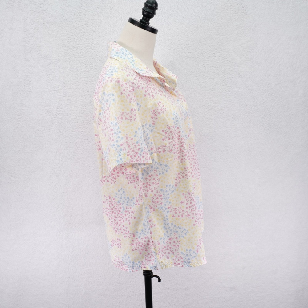 Karen Scott Button Up Shirt Top White Pik Teal Yellow Floral Large Collared Cott - Picture 6 of 8